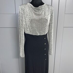 Vintage Menu Dress Womens 10 Silver Black Maxi Long Sleeve Button Detail Cut Out